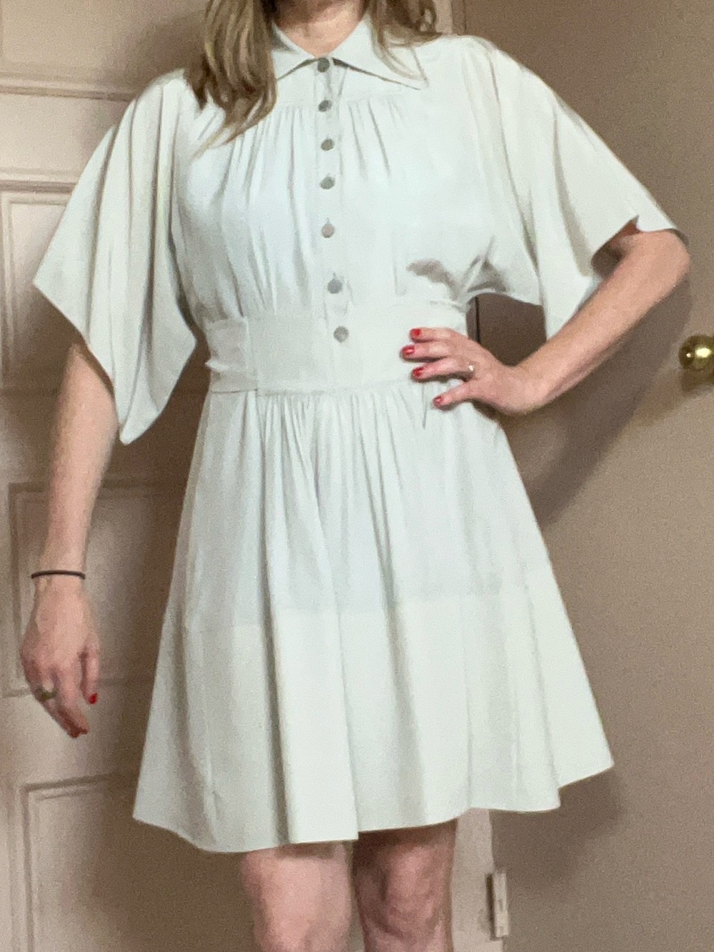 Chloe Gray Silk flutter sleeve button up mini dress, small bow tie waist, lined
